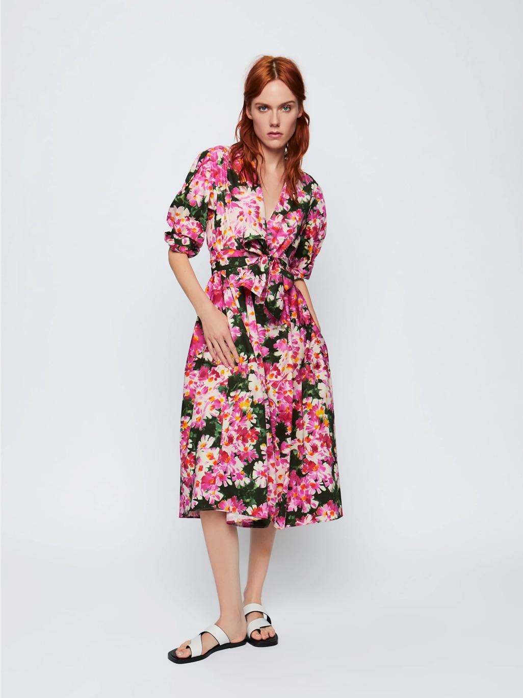 Zara Pink Floral Wrap Midi Dress With Belt